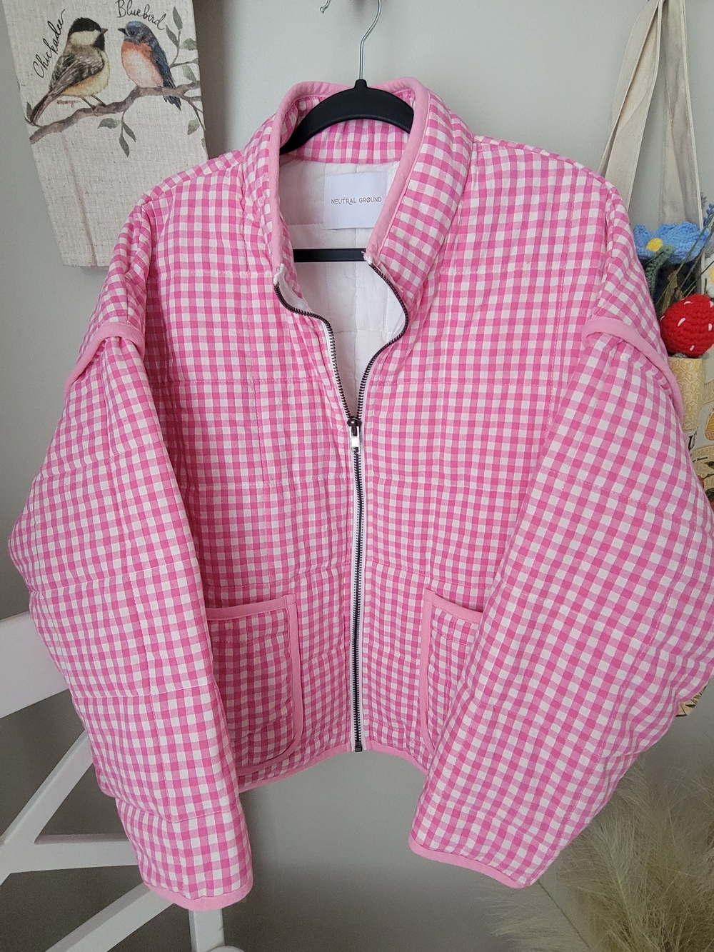 Neutral Ground Pink Gingham Quilted Zip Jacket Size Small Cottagecore